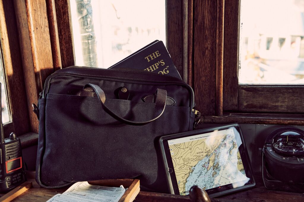 Image showing the Filson Original Briefcase with some navigational props.